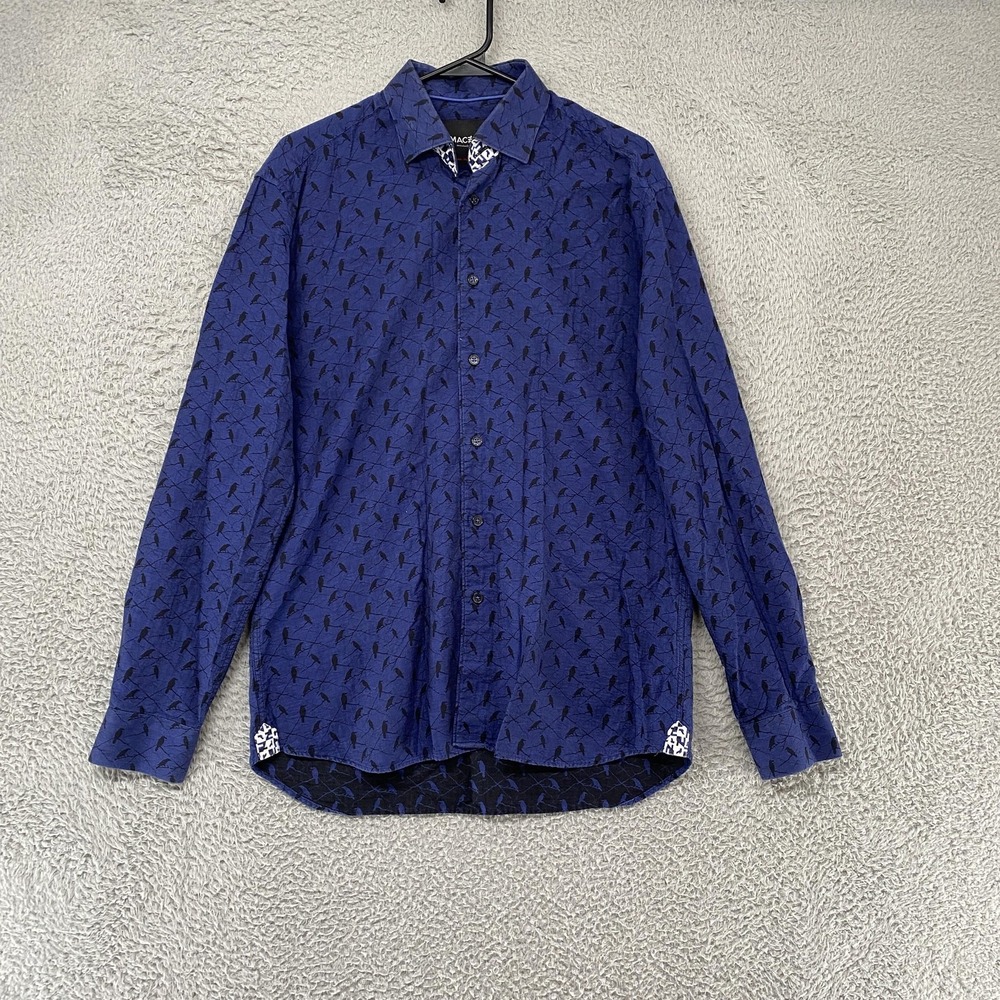 Maceoo Bird Print Shirt Mens Medium Blue Cotton Jacquard Long Sleeve Button Up